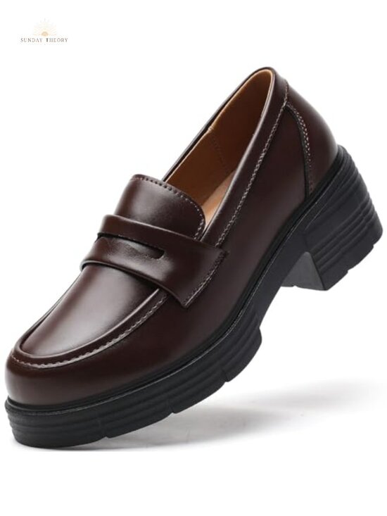 Shoes - Faux Leather Chunky Platform Penny Loafers Block Heel Slip-On Business Casual